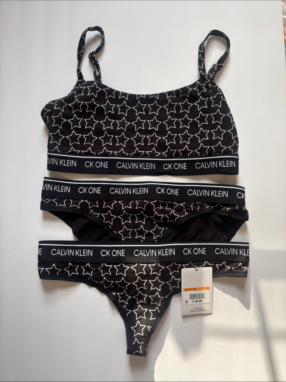 Calvin Klein Black & White Star Print Bralette, Brief & Thong Set